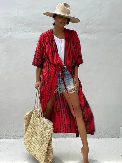 Mandotos Beach Chic Cover-Up worn over swimwear, lightweight fabric, perfect for sun-kissed beach adventures and effortless summer style.