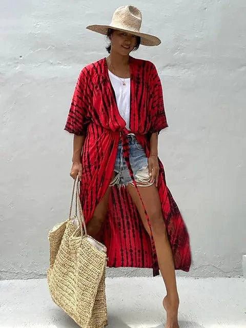 Mandotos Beach Chic Cover-Up worn over swimwear, lightweight fabric, perfect for sun-kissed beach adventures and effortless summer style.