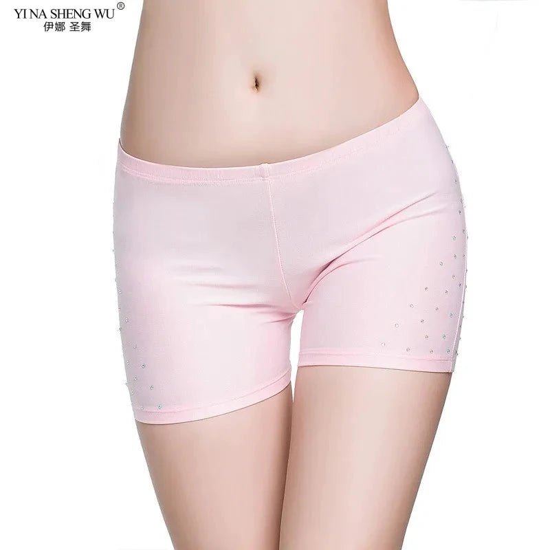 Mandotos women's belly dance safety shorts with diamond accents, stretch leggings, tight fit, and short pants for dance practice.