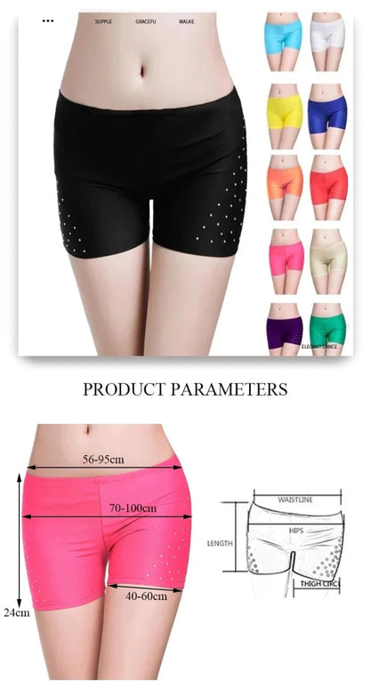 Mandotos women's belly dance safety shorts, tight-fitting stretch leggings with diamond embellishments and short, secure dance pants.