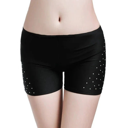 Mandotos women's belly dance safety shorts with diamond accents, tight-fitting stretch leggings for dance practice or performance.