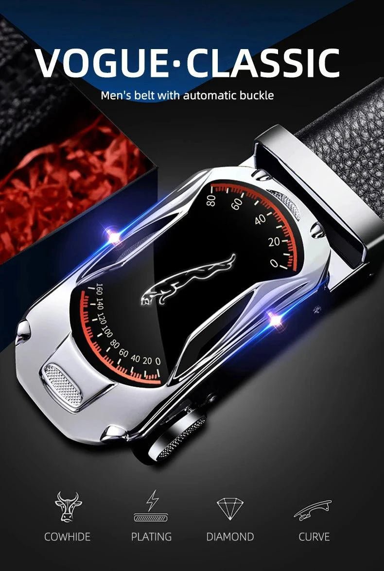 Black genuine leather men's belt with automatic buckle, 3.5cm width, suitable for jeans and sports car-inspired fashion by MANDOTOS.