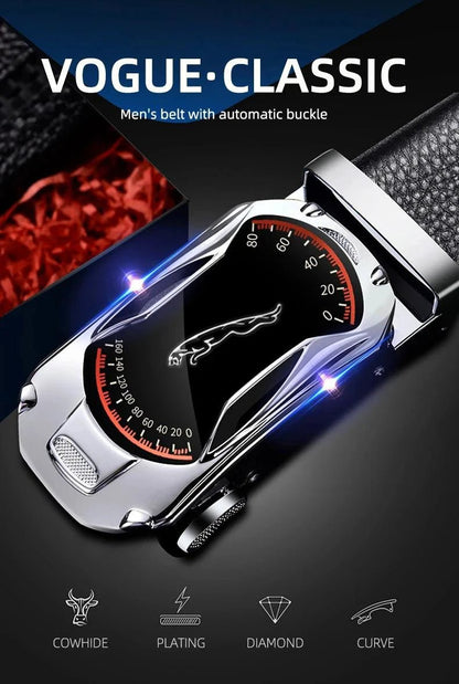 Black genuine leather men's belt with automatic buckle, 3.5cm width, suitable for jeans and sports car-inspired fashion by MANDOTOS.