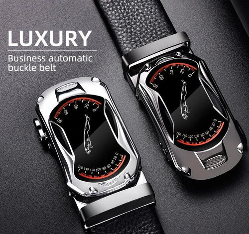 Mandotos black genuine leather men's belt with automatic buckle, 3.5cm width, ideal for jeans and sports car-inspired fashion.