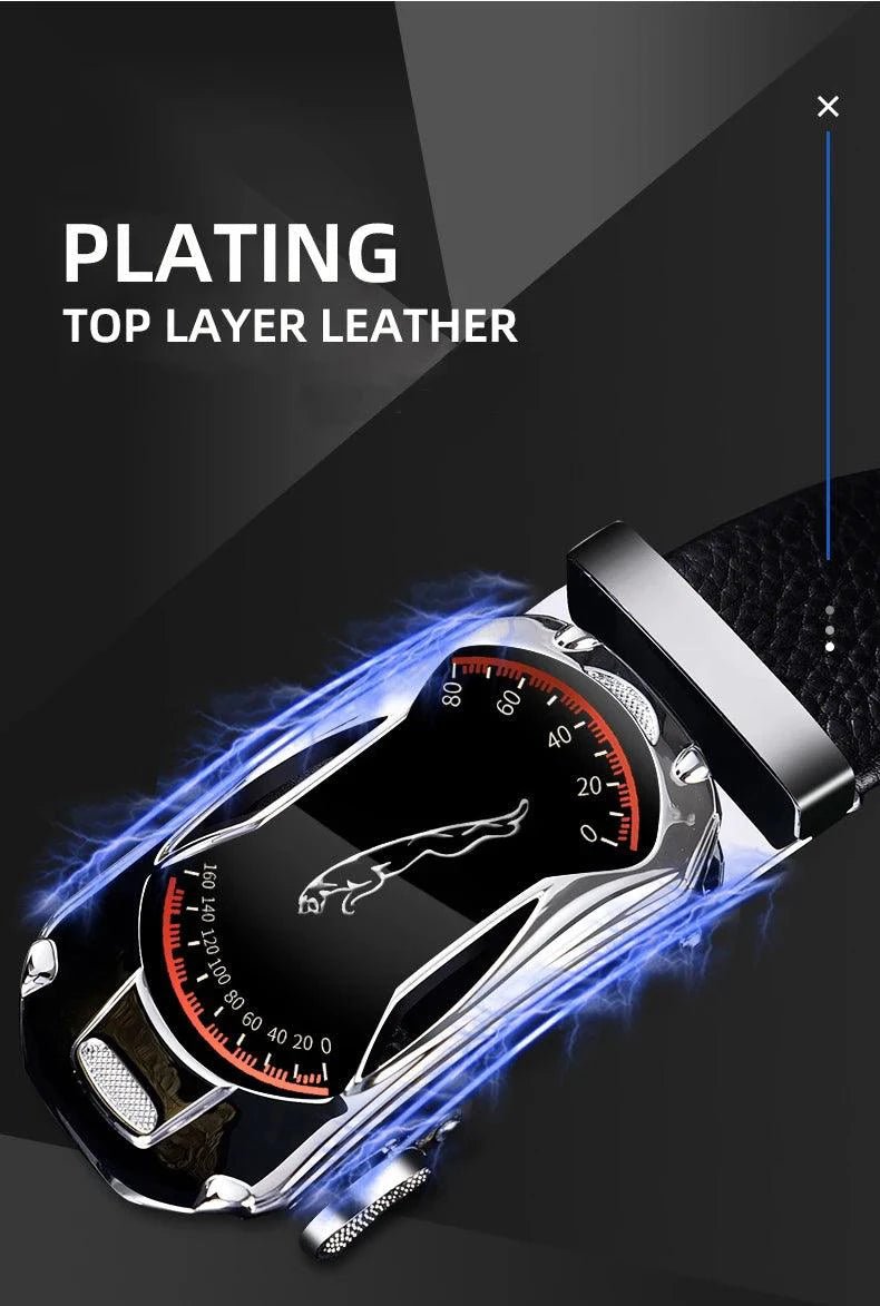 Black genuine leather men's belt with automatic buckle, 3.5cm width, designed for sports cars, high-quality fashion accessory by MANDOTOS.