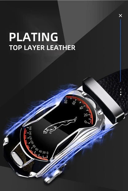 Black genuine leather men's belt with automatic buckle, 3.5cm width, designed for sports cars, high-quality fashion accessory by MANDOTOS.