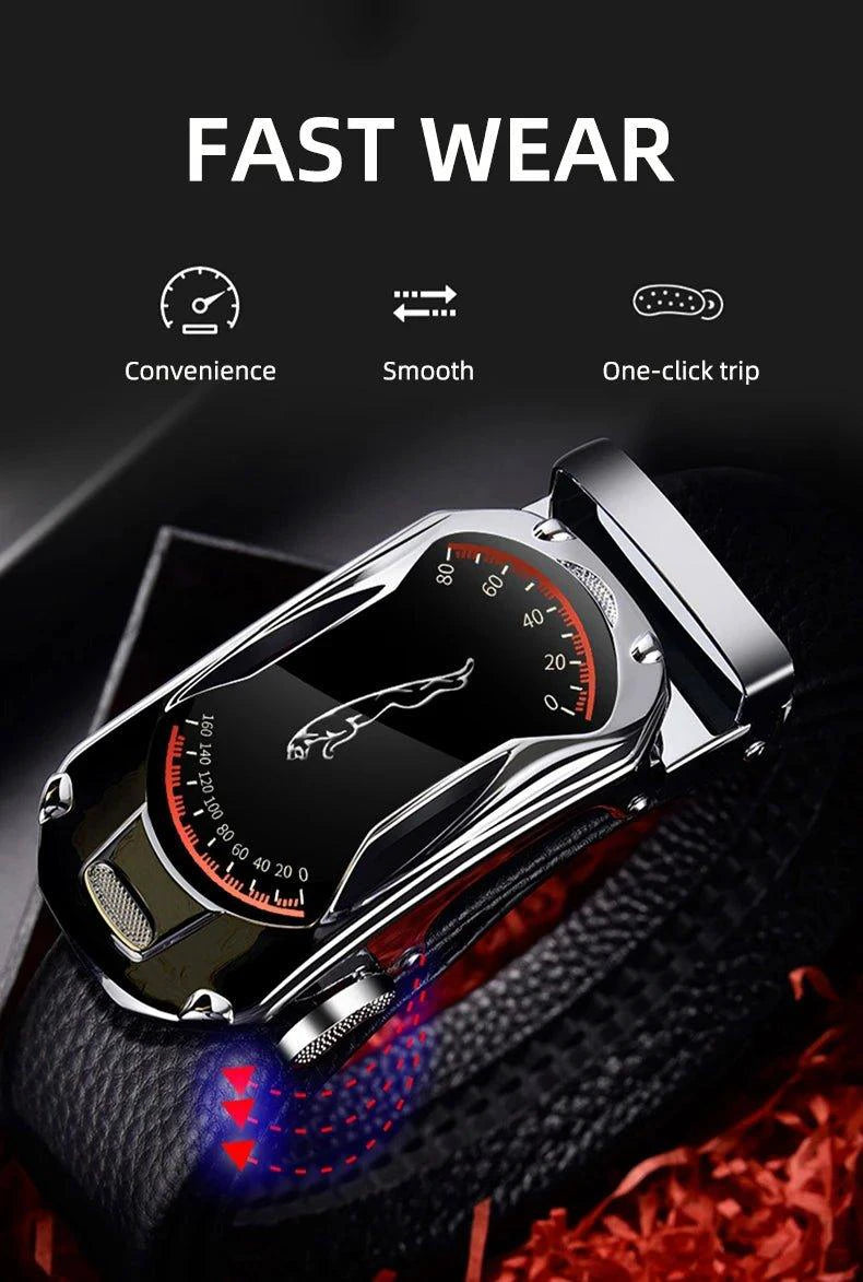 Mandotos black genuine leather men's belt with automatic buckle, 3.5cm width, suitable for jeans and sports car-inspired fashion.