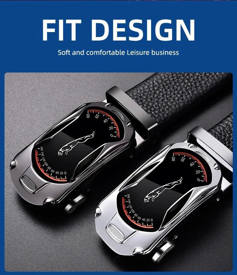 Black genuine leather men's belt with automatic buckle, 3.5cm width, high-quality fashion accessory for sports car style.
