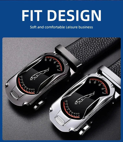 Black genuine leather men's belt with automatic buckle, 3.5cm width, high-quality fashion accessory for sports car style.