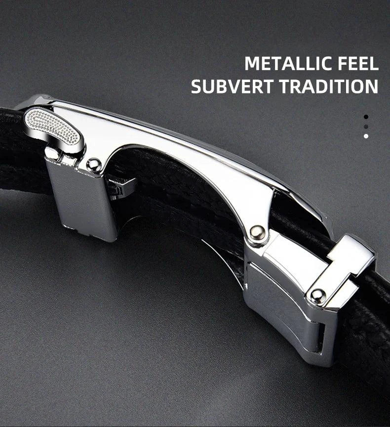 Mandotos black genuine leather men's belt with automatic buckle, 3.5cm width, ideal for sports car-inspired fashion and jeans.
