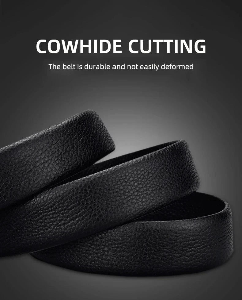 Black genuine leather men's belt with automatic buckle, 3.5cm width, designed for jeans and sports car fashion by MANDOTOS.