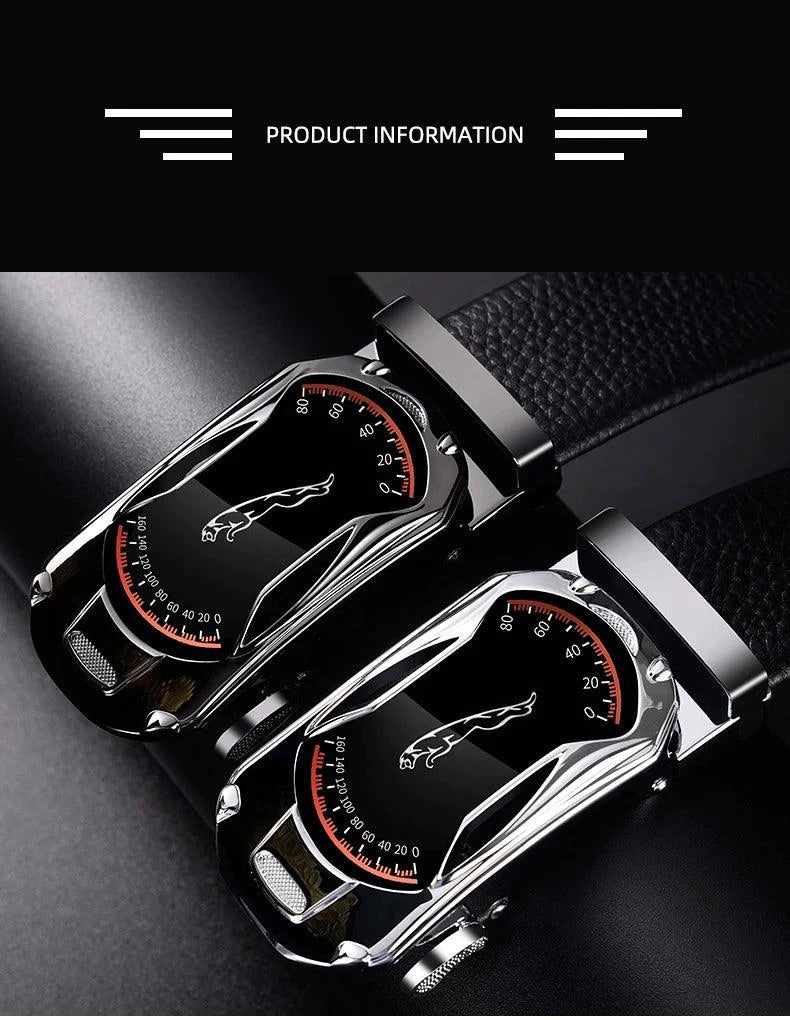 Black genuine leather men's belt with 3.5cm automatic buckle, designed for sports car style, high-quality waist strap for jeans.