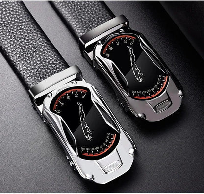 Black genuine leather men's belt with automatic buckle, 3.5cm width, sports car brand style, high-quality fashion accessory.