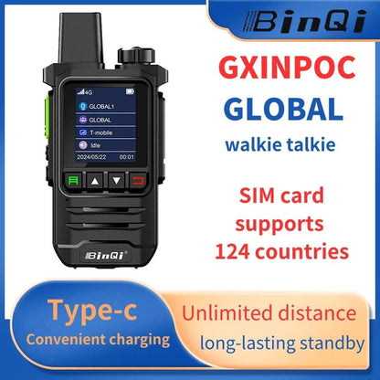 MANDOTOS BINQI-K6 4G POC Walkie Talkie with 5000km global range, showing the compact device with display and control buttons.