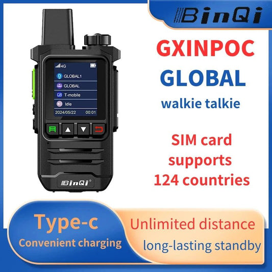 MANDOTOS BINQI-K6 4G POC Walkie Talkie with 5000km global range, showing the compact device with display and control buttons.