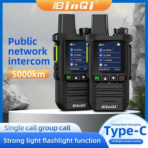 Mandotos BINQI-K6 4G POC walkie talkie with 5000km global range, rugged design, and large antenna for long-distance communication.
