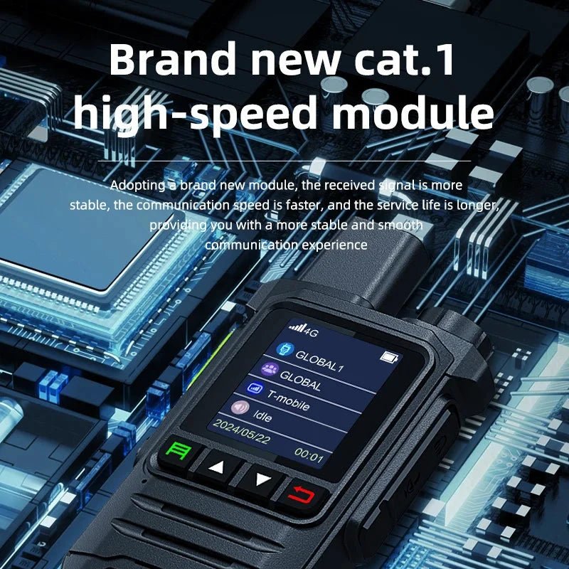 MANDOTOS BINQI-K6 4G POC Walkie Talkie with 5000km global range, showing the handheld device with screen and buttons.