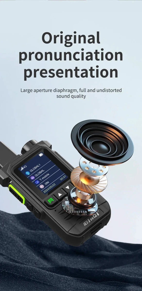 Mandotos BINQI-K6 4G POC walkie talkie with 5000km global range, featuring durable design and large antenna for long-distance communication.