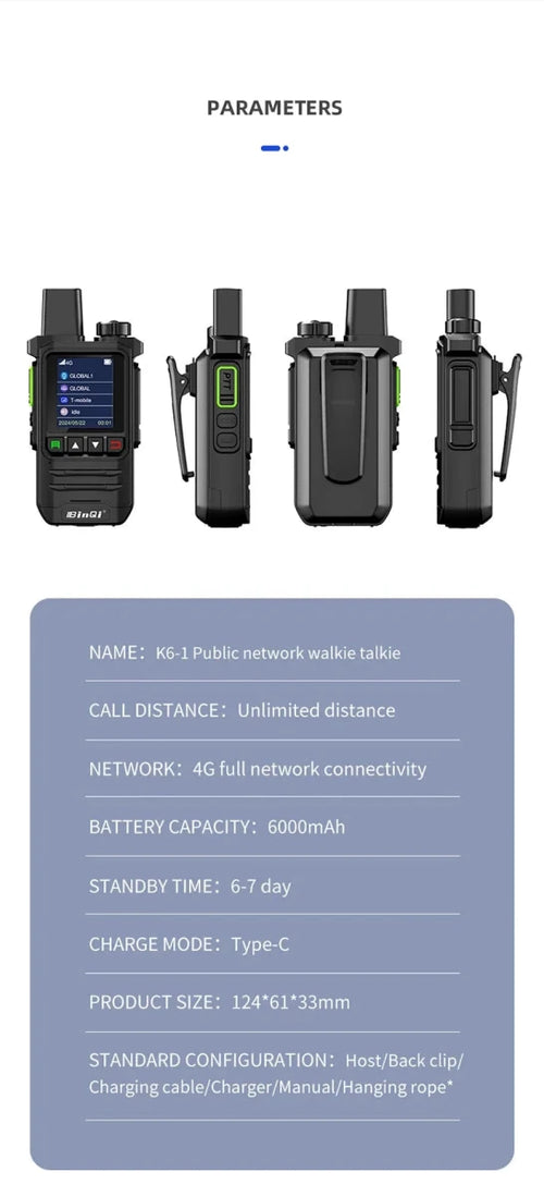 Mandotos BINQI-K6 4G POC Walkie Talkie with 5000km global range, handheld communication device with screen and buttons
