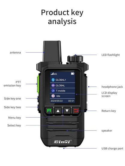 Mandotos BINQI-K6 4G POC walkie talkie with 5000km global range, handheld radio device with large antenna and digital display