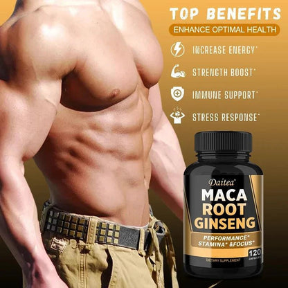 Mandotos black, red, and yellow maca root ginseng extract supplement for men and women, supporting energy, stamina, and focus.