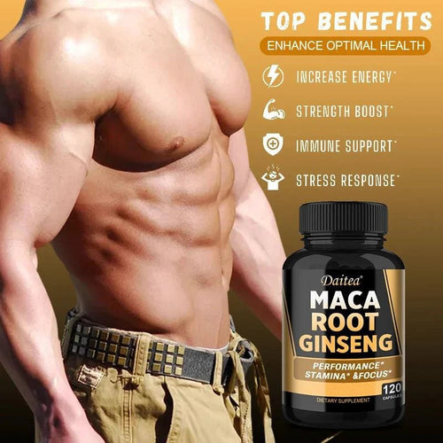 Mandotos black, red, and yellow maca root ginseng extract supplement for men and women, supporting energy, stamina, and focus.