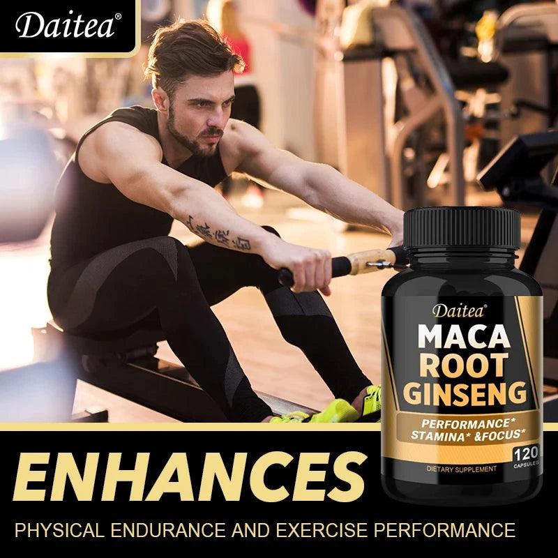 Mandotos black, red, and yellow maca root ginseng extract supplement for men and women, supporting energy, stamina, and focus.