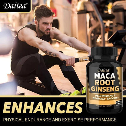 Mandotos black, red, and yellow maca root ginseng extract supplement for men and women, supporting energy, stamina, and focus.