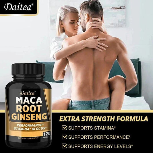 Mandotos black, red, and yellow maca root ginseng extract supplement for men and women boosting energy, stamina, and focus.