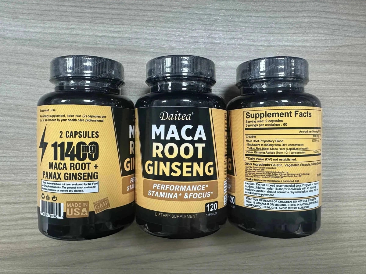Mandotos black, red, and yellow maca root ginseng extract supplement for men and women supporting energy, stamina, and focus.