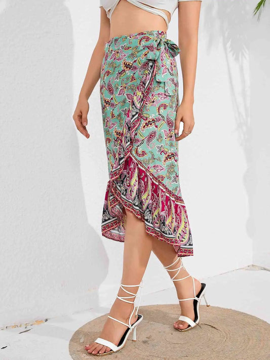 Mandotos Boho Bliss midi skirt with floral pattern, flowing fabric, and bohemian style, ideal for casual or summer wear.