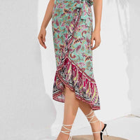 Mandotos Boho Bliss midi skirt with floral pattern, flowing fabric, and bohemian style, ideal for casual or summer wear.