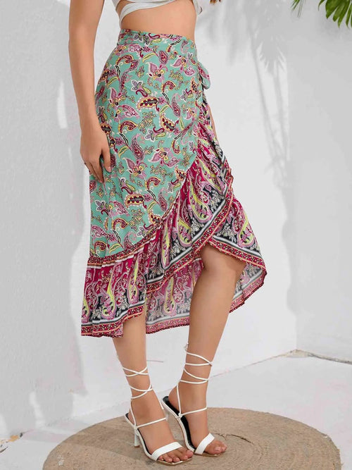 Mandotos Boho Bliss Midi Skirt featuring flowy fabric, bohemian style, and a relaxed fit in earthy tones.