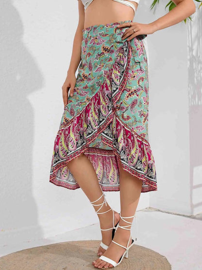 Mandotos Boho Bliss midi skirt with floral patterns, flowy fabric, and bohemian style perfect for casual and summer outfits.