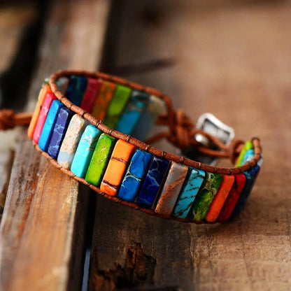 Mandotos Boho Chic leather bracelet with beaded and braided design, stylish accessory for casual and bohemian outfits.