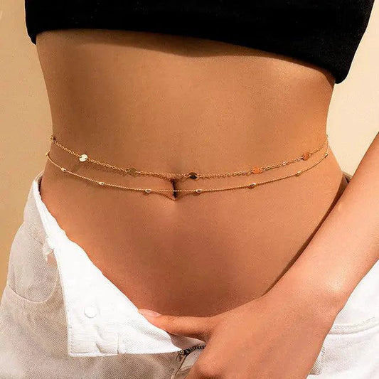 Mandotos Boho Glam belly chain with intricate metallic details, perfect for bohemian-style summer accessories.