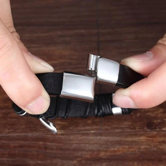 Mandotos bonded love leather bracelet with metal accents, stylish accessory featuring woven leather band and adjustable closure.