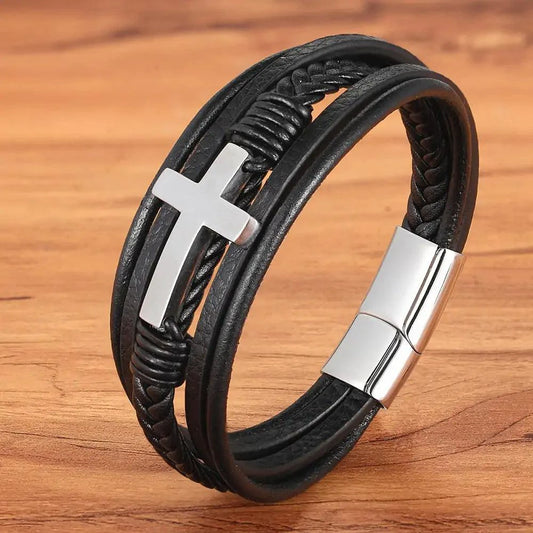 Mandotos bonded love leather bracelet with braided design and metal clasp, stylish accessory for everyday wear.