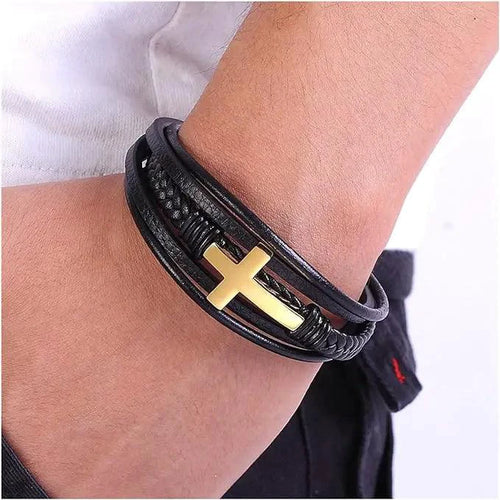 Mandotos Bonded Love Leather Bracelet with intertwined leather strands and metal accents, stylish and adjustable for men and women.
