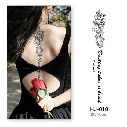 Mandotos botanical spine tattoo decal featuring intricate floral and leaf designs on clear adhesive backing.
