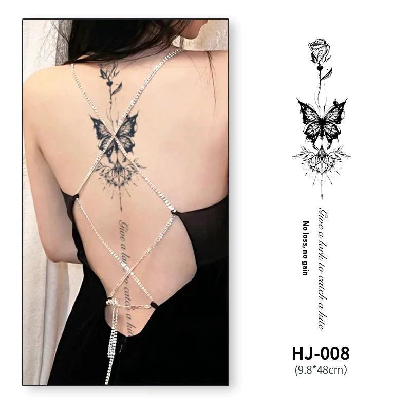 Mandotos botanical spine tattoo decal featuring floral and leaf design for body art or temporary tattoo decoration.