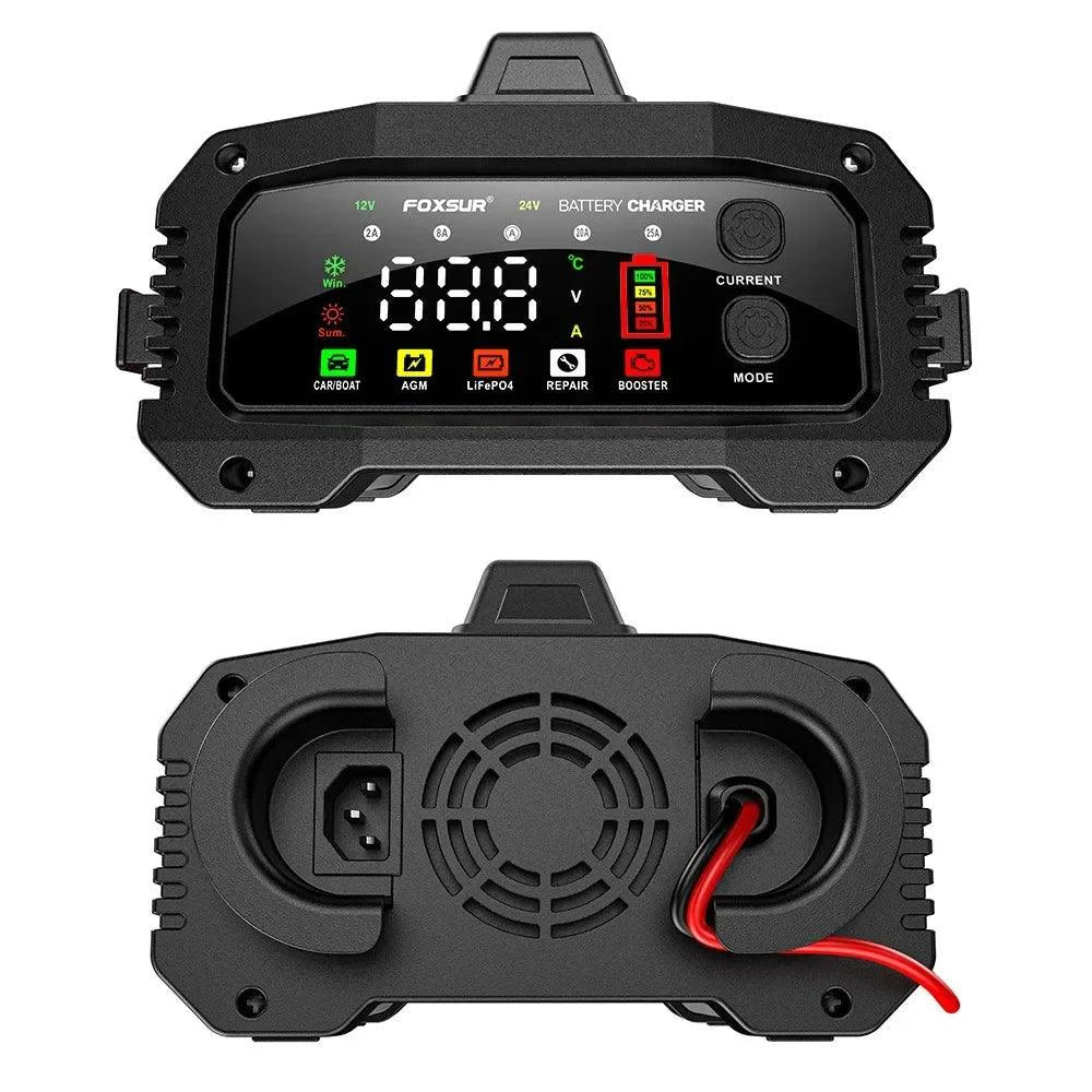 MANDOTOS portable smart car battery charger with 25A/15A output for 12V-24V batteries, pulse repair, suitable for AGM, GEL, and LiFePo4 batteries.
