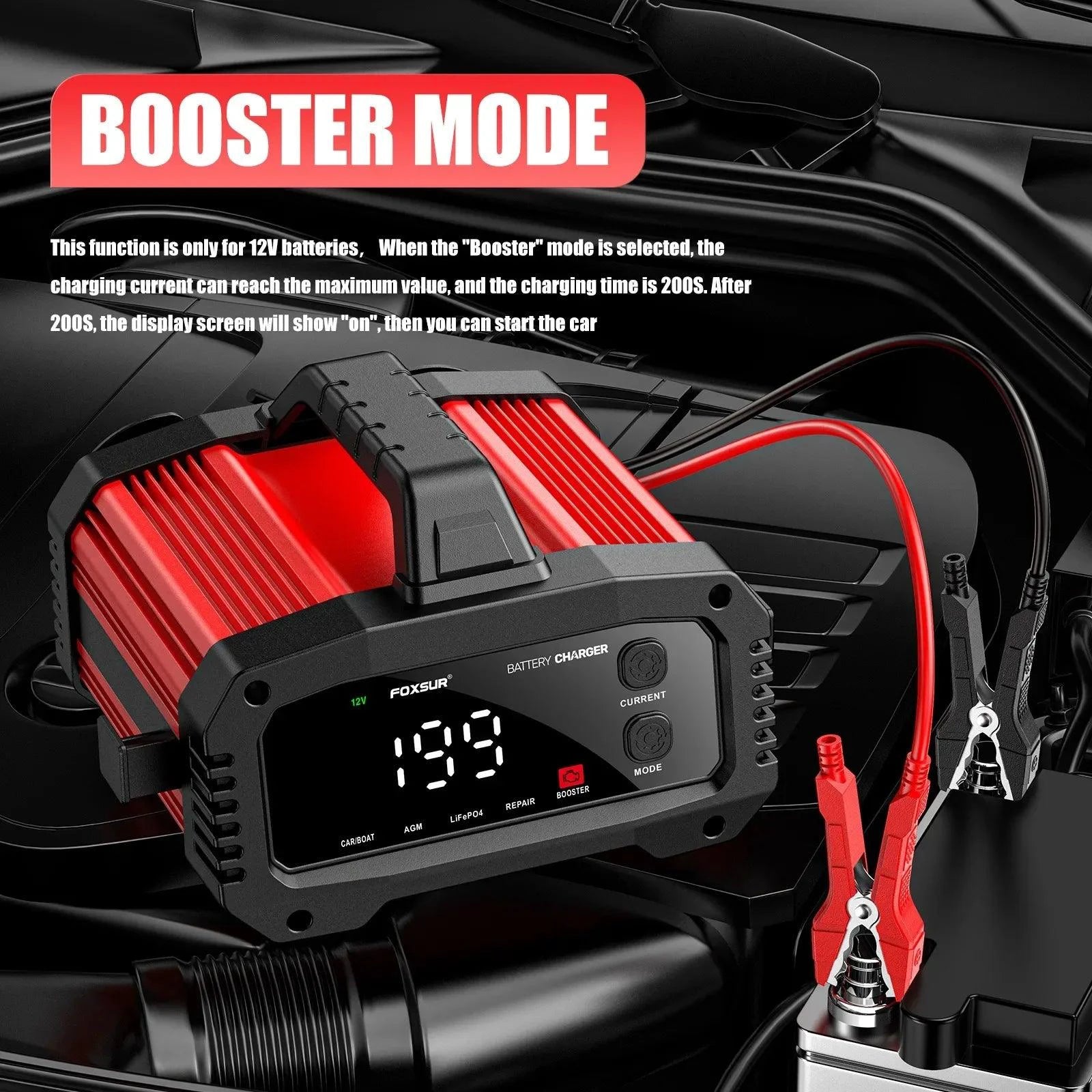 Mandotos portable smart car battery charger with 25A/15A output for 12V-24V batteries, pulse repair, suitable for AGM, GEL, LiFePo4.