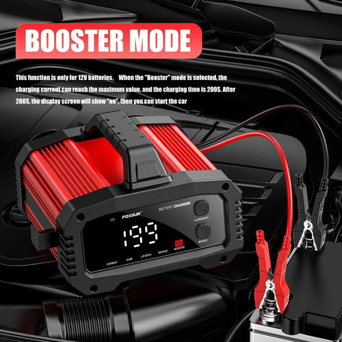 Mandotos portable smart car battery charger with 25A/15A output for 12V-24V batteries, pulse repair, suitable for AGM, GEL, LiFePo4.