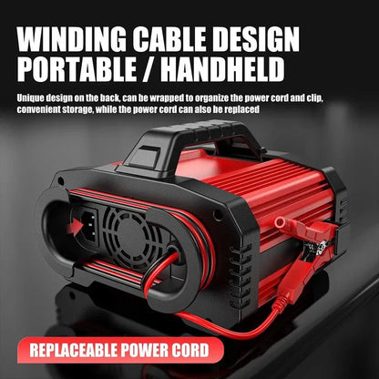 Mandotos portable smart car battery charger displaying digital display and charging cables for 12V-24V batteries.