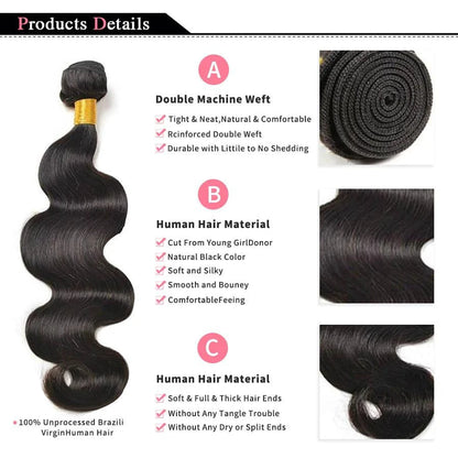 Three bundles of Brazilian Body Wave human hair extensions by MANDOTOS, showcasing silky, natural wave texture and full length.