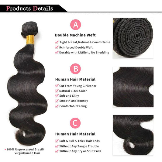 Three bundles of Brazilian Body Wave human hair extensions by MANDOTOS, showcasing silky, natural wave texture and full length.