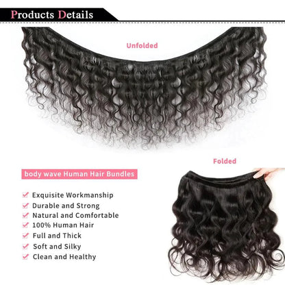 Mandotos Brazilian Body Wave Hair Bundles, 3-piece set of 100% human hair extensions with natural wave texture.