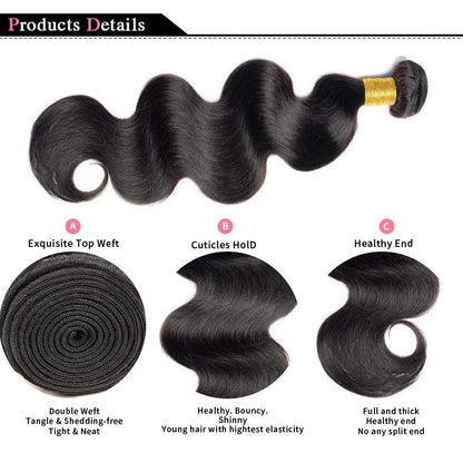Mandotos Brazilian Body Wave Hair Bundles, 3-piece set of 100% human hair extensions with natural wave texture.