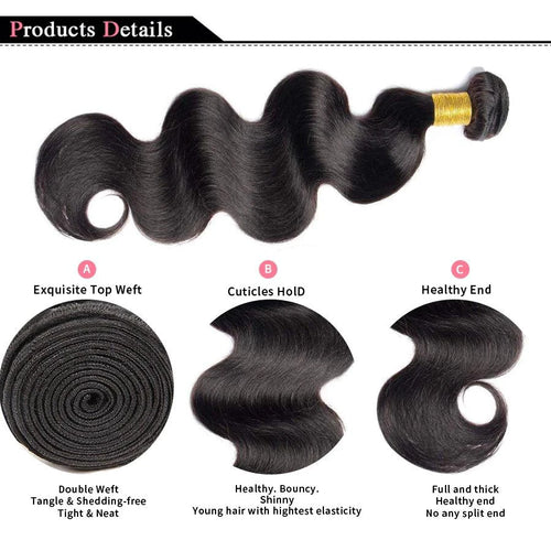 Mandotos Brazilian Body Wave Hair Bundles, 3-piece set of 100% human hair extensions with natural wave texture.